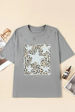 Clearance Dear-Lover Stars Leopard Graphic Distressed Tee Medium Grey