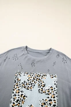 Clearance Dear-Lover Stars Leopard Graphic Distressed Tee Medium Grey