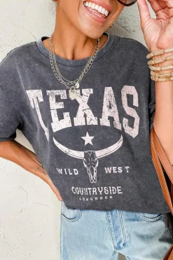 Hot Dear-Lover TEXAS Steer Head Graphic Mineral Wash Oversized T Shirt Medium Grey
