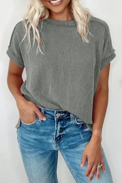 Fashion Dear-Lover Textured Knit Exposed Stitching T-shirt Medium Grey