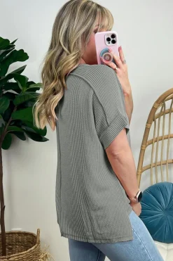 Fashion Dear-Lover Textured Knit Exposed Stitching T-shirt Medium Grey