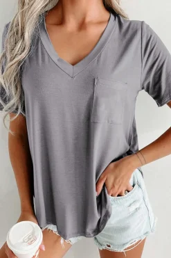 Clearance Dear-Lover V Neck Pocketed Rounded Hem Tee Medium Grey