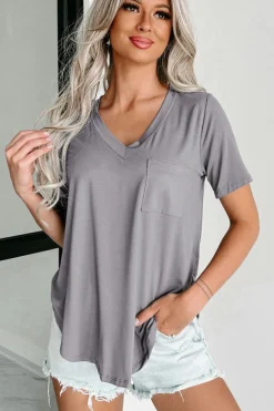 Clearance Dear-Lover V Neck Pocketed Rounded Hem Tee Medium Grey