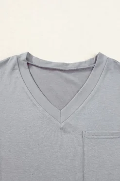 Clearance Dear-Lover V Neck Pocketed Rounded Hem Tee Medium Grey
