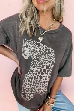 Outlet Dear-Lover Vintage Cheetah Printed Mineral Wash Graphic Tee Medium Grey