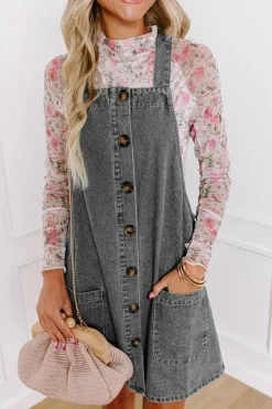 Hot Dear-Lover Wide Strap Button Front Pocketed Denim Mini Dress Medium Grey