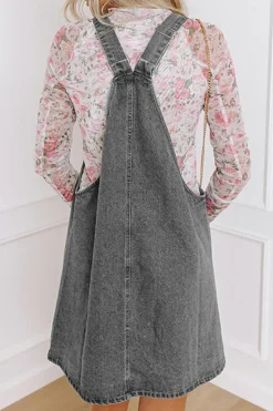 Hot Dear-Lover Wide Strap Button Front Pocketed Denim Mini Dress Medium Grey