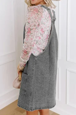 Hot Dear-Lover Wide Strap Button Front Pocketed Denim Mini Dress Medium Grey