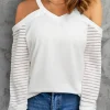 Sale Dear-Lover Mesh Striped Cut-out Cold Shoulder Long Sleeve T-shirt White