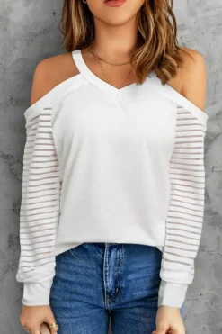 Sale Dear-Lover Mesh Striped Cut-out Cold Shoulder Long Sleeve T-shirt White