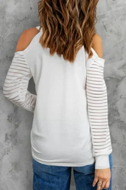 Sale Dear-Lover Mesh Striped Cut-out Cold Shoulder Long Sleeve T-shirt White