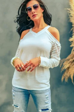 Sale Dear-Lover Mesh Striped Cut-out Cold Shoulder Long Sleeve T-shirt White