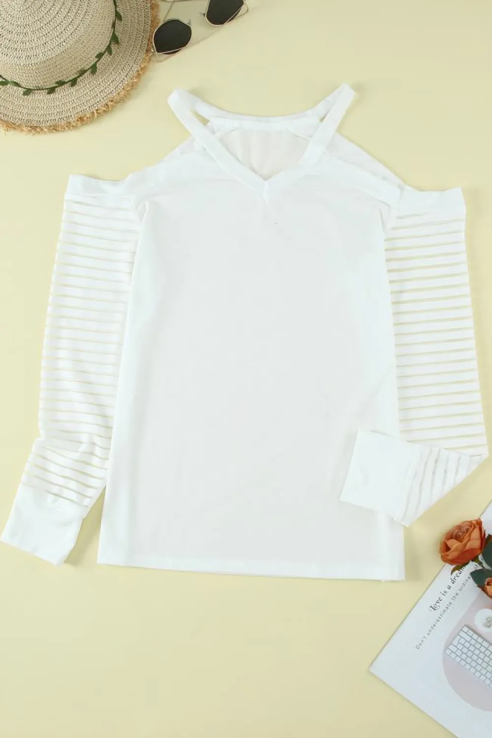 Sale Dear-Lover Mesh Striped Cut-out Cold Shoulder Long Sleeve T-shirt White