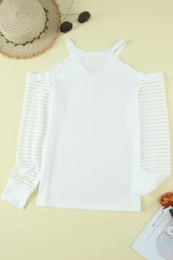 Sale Dear-Lover Mesh Striped Cut-out Cold Shoulder Long Sleeve T-shirt White