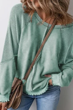 Hot Dear-Lover Solid Waffle Knit Patchwork Raglan Sleeve Sweatshirt Mineral Blue