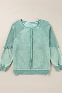 Hot Dear-Lover Solid Waffle Knit Patchwork Raglan Sleeve Sweatshirt Mineral Blue