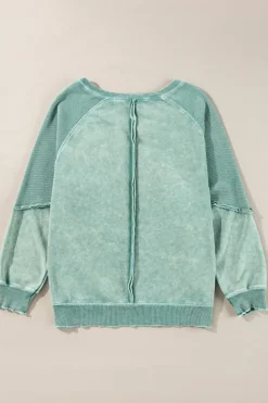 Hot Dear-Lover Solid Waffle Knit Patchwork Raglan Sleeve Sweatshirt Mineral Blue