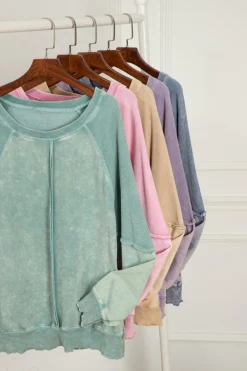 Hot Dear-Lover Solid Waffle Knit Patchwork Raglan Sleeve Sweatshirt Mineral Blue