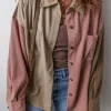Clearance Dear-Lover Color Block Chest Pockets Buttoned Corduroy Shacket Mineral Red