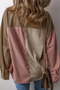 Clearance Dear-Lover Color Block Chest Pockets Buttoned Corduroy Shacket Mineral Red