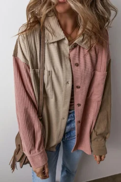 Clearance Dear-Lover Color Block Chest Pockets Buttoned Corduroy Shacket Mineral Red
