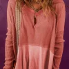 Online Dear-Lover Exposed Seam Slit Neck Waffle Knit Patchwork Top Mineral Red