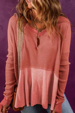 Online Dear-Lover Exposed Seam Slit Neck Waffle Knit Patchwork Top Mineral Red