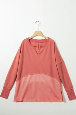 Online Dear-Lover Exposed Seam Slit Neck Waffle Knit Patchwork Top Mineral Red