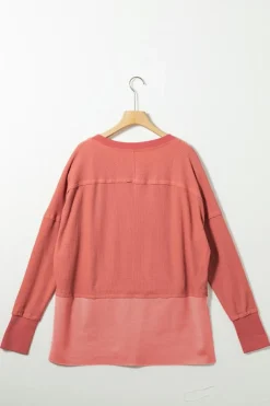 Online Dear-Lover Exposed Seam Slit Neck Waffle Knit Patchwork Top Mineral Red