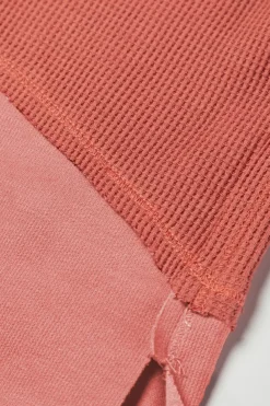 Online Dear-Lover Exposed Seam Slit Neck Waffle Knit Patchwork Top Mineral Red
