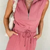 Discount Dear-Lover French Terry Zipped Collar Sleeveless Drawstring Waist Mini Dress Mineral Red