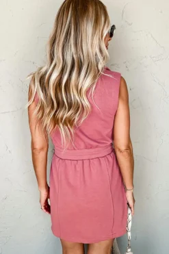 Discount Dear-Lover French Terry Zipped Collar Sleeveless Drawstring Waist Mini Dress Mineral Red