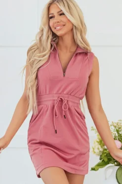 Discount Dear-Lover French Terry Zipped Collar Sleeveless Drawstring Waist Mini Dress Mineral Red