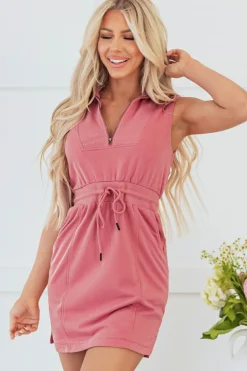 Discount Dear-Lover French Terry Zipped Collar Sleeveless Drawstring Waist Mini Dress Mineral Red