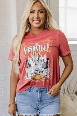 Clearance Dear-Lover Nashville Music City Graphic Retro Fashion Tee Mineral Red