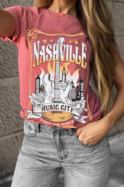Clearance Dear-Lover Nashville Music City Graphic Retro Fashion Tee Mineral Red