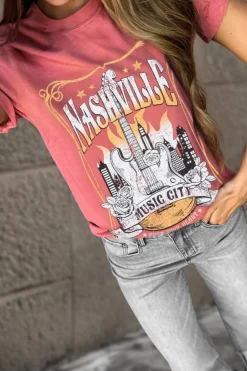 Clearance Dear-Lover Nashville Music City Graphic Retro Fashion Tee Mineral Red
