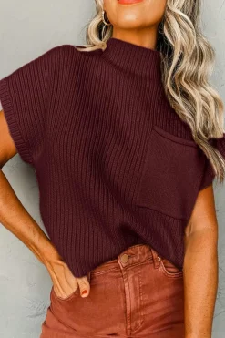 Online Dear-Lover Patch Pocket Ribbed Knit Short Sleeve Sweater Mineral Red