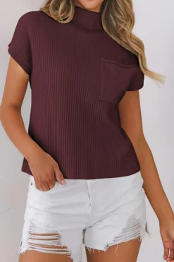 Online Dear-Lover Patch Pocket Ribbed Knit Short Sleeve Sweater Mineral Red