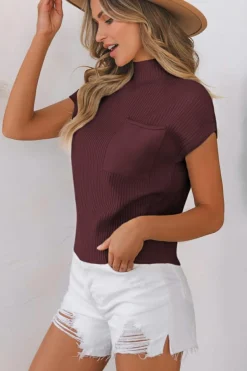 Online Dear-Lover Patch Pocket Ribbed Knit Short Sleeve Sweater Mineral Red