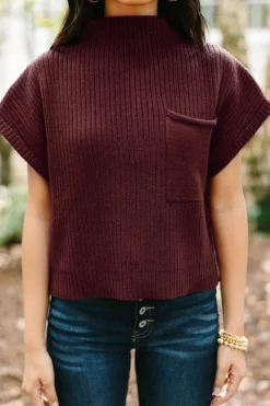 Online Dear-Lover Patch Pocket Ribbed Knit Short Sleeve Sweater Mineral Red