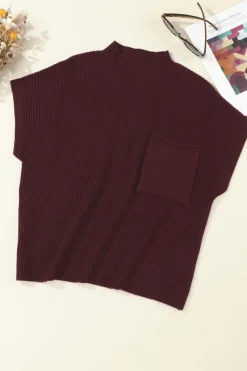 Online Dear-Lover Patch Pocket Ribbed Knit Short Sleeve Sweater Mineral Red