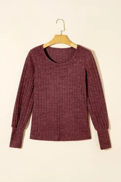 Online Dear-Lover Ribbed Bishop Sleeve Round Neck Top Mineral Red