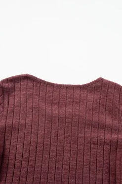 Online Dear-Lover Ribbed Bishop Sleeve Round Neck Top Mineral Red