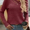 Discount Dear-Lover Ribbed Long Sleeve Buttoned Strap V Neck Top Mineral Red