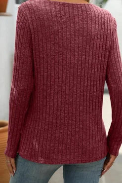 Discount Dear-Lover Ribbed Long Sleeve Buttoned Strap V Neck Top Mineral Red
