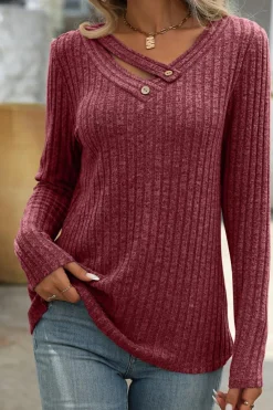 Discount Dear-Lover Ribbed Long Sleeve Buttoned Strap V Neck Top Mineral Red