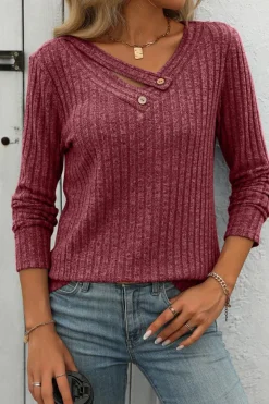 Discount Dear-Lover Ribbed Long Sleeve Buttoned Strap V Neck Top Mineral Red