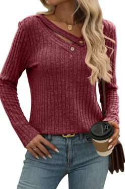 Discount Dear-Lover Ribbed Long Sleeve Buttoned Strap V Neck Top Mineral Red
