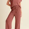 Clearance Dear-Lover Solid Color Corded Short Sleeve Top and Casual Pants Set Mineral Red